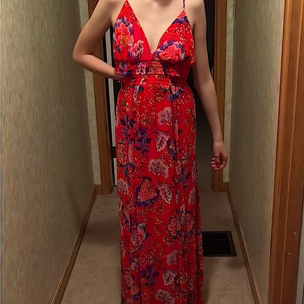 Express Red and Pink Sundress Maxi with Plunge Neckline